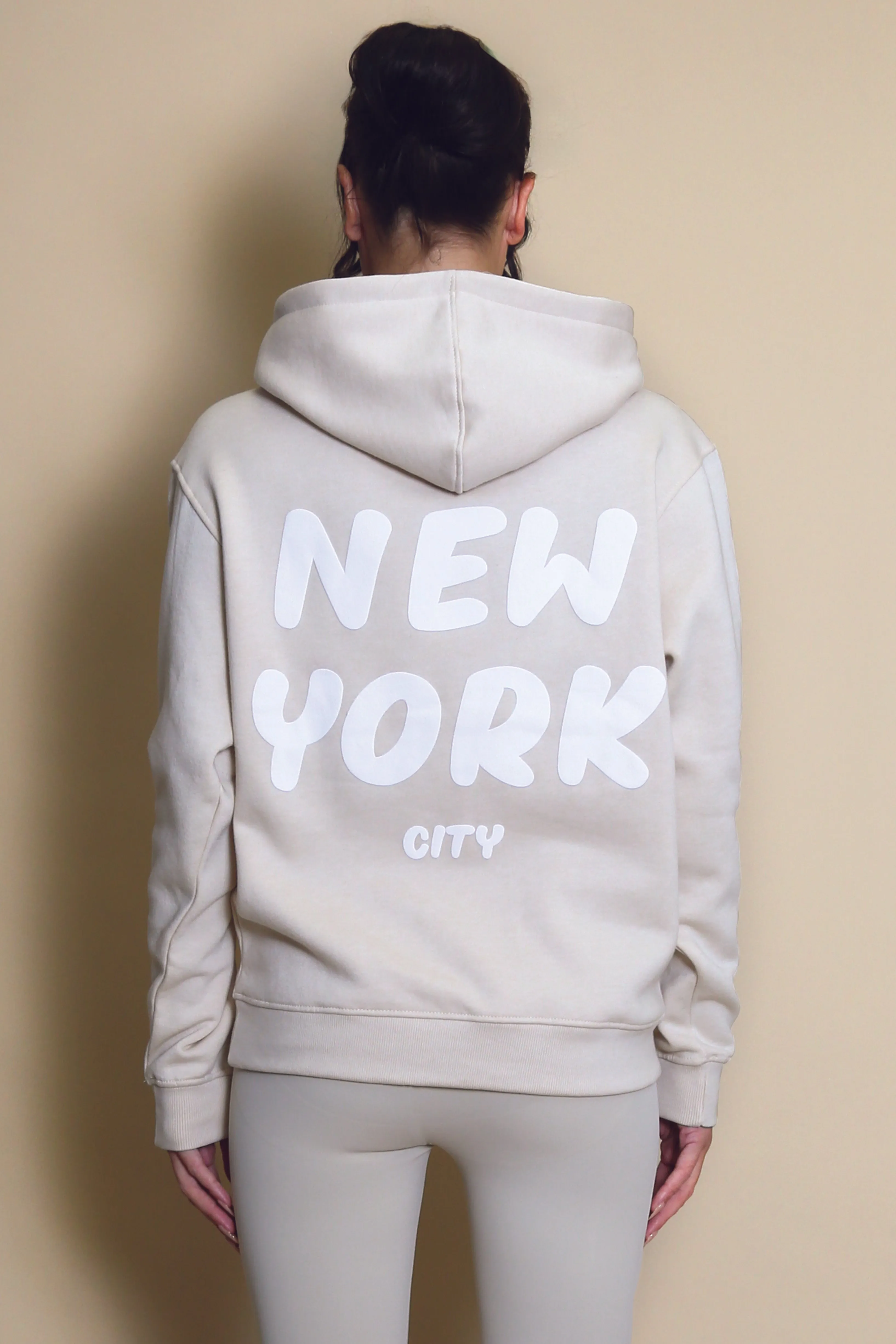 Beige New York Bubble Slogan Hooded Sweatshirt