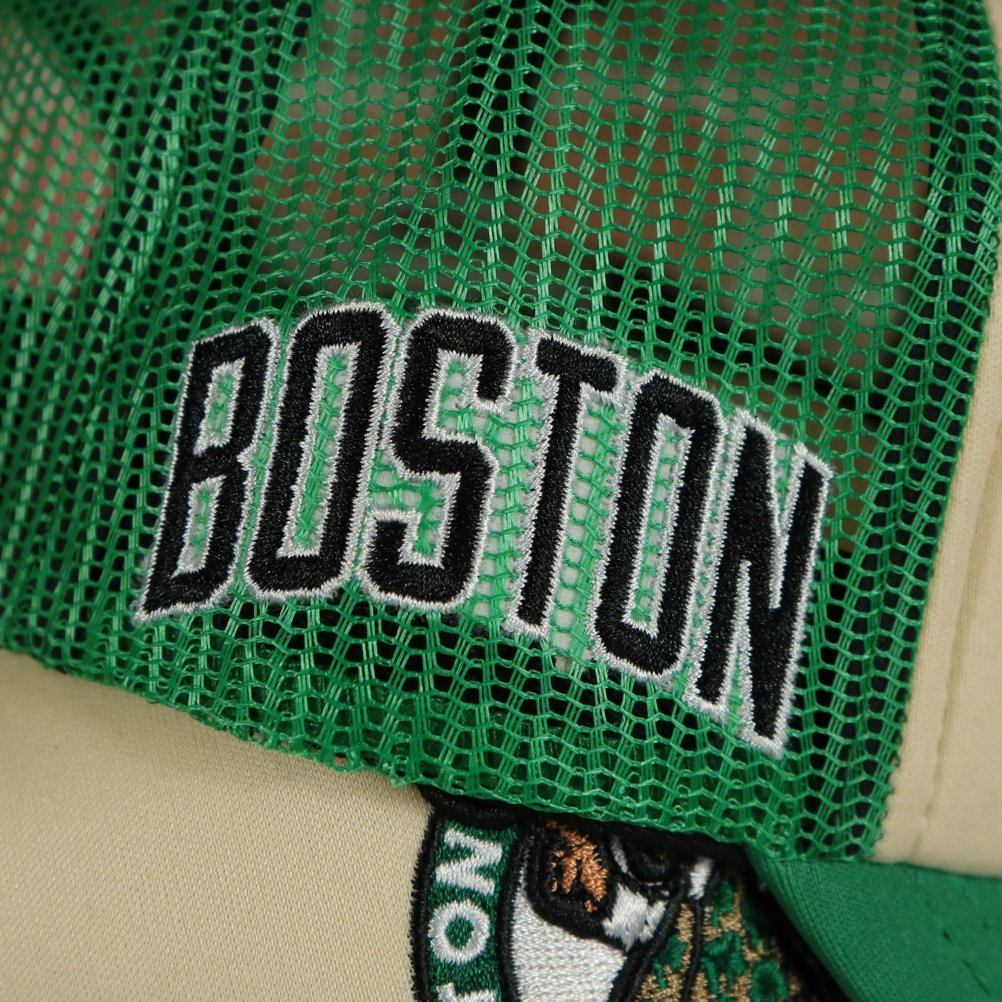 Boston Celtics Vintage Boston wordmark grey Bottom 2-Tone Foam Trucker Hat | Green/Off-White Mitchell and Ness Hat