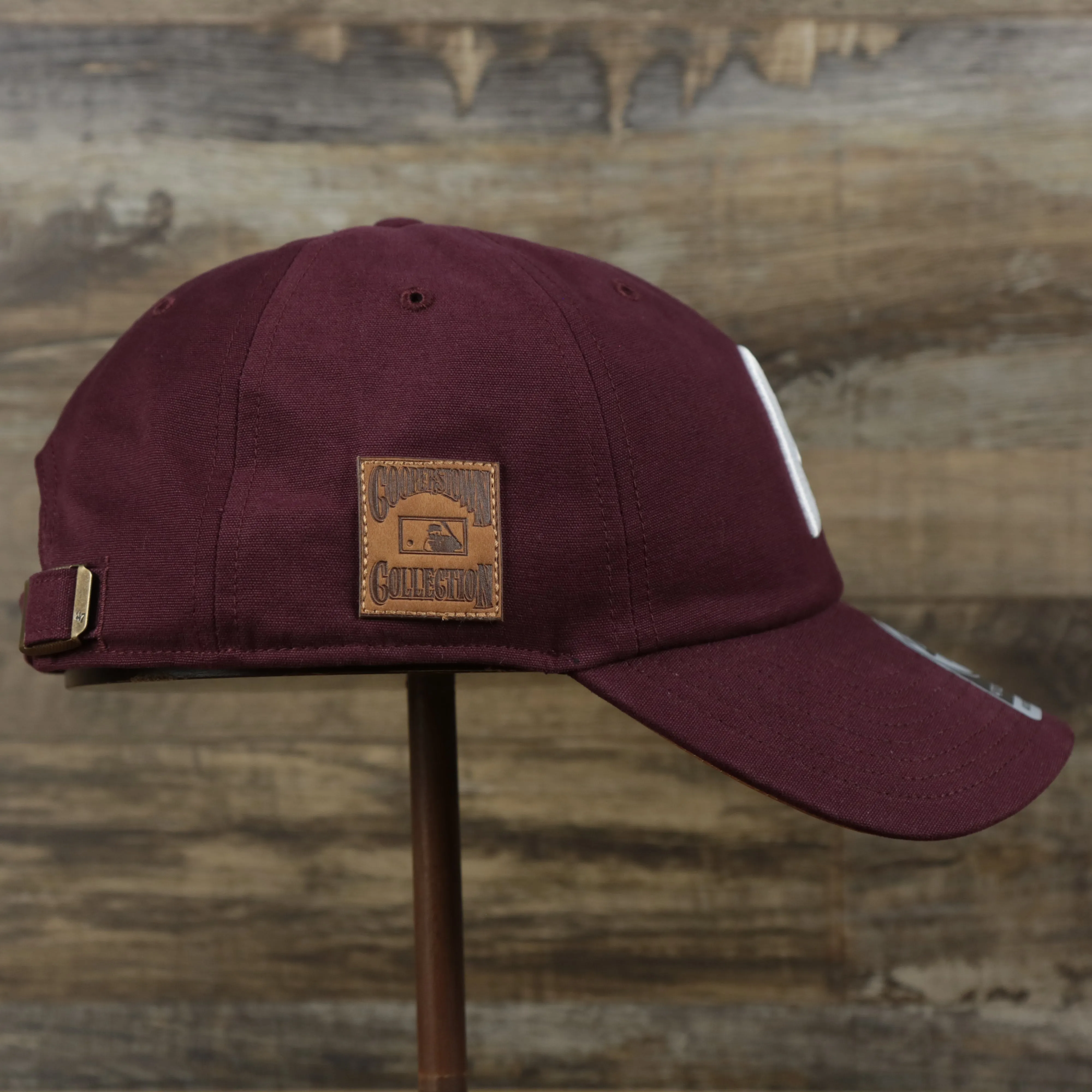 Cooperstown Philadelphia Phillies Cooperstown Collection Side Patch Leather Brown Undervisor Dad Hat | Maroon Dad Hat