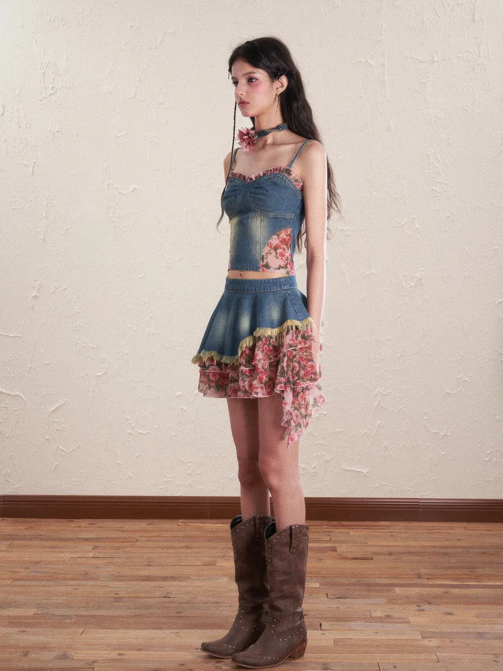 Denim Flower Mix Asymmetry Ciffon Feminine Tops&Mini-Skirt