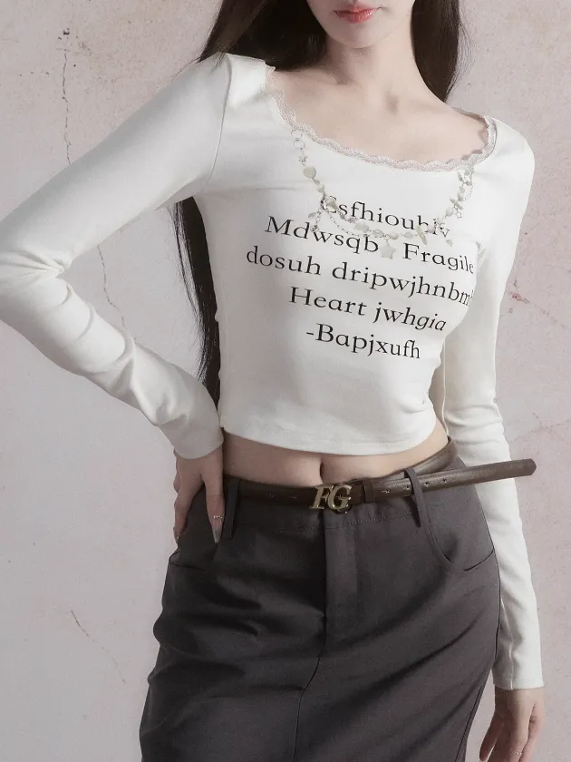 Lace Long-sleeved Lettering T-shirt & Straight Skirt