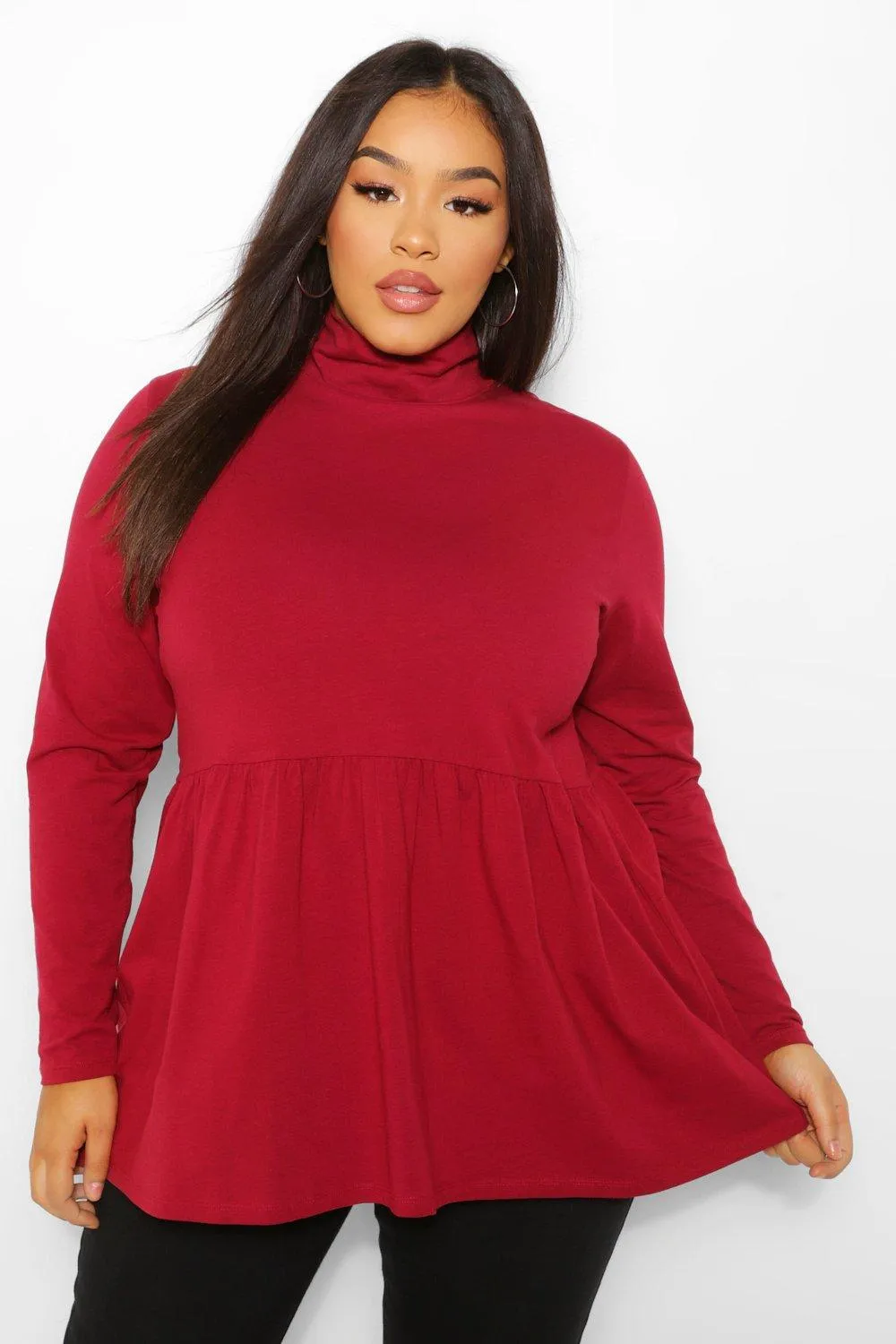 Plus High Neck Long Sleeve Smock Top