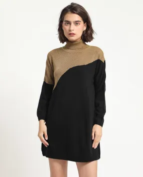 Rareism Women Spaton 2 Black Acrylic Fabric Full Sleeves Knee Length Regular Fit Abstract Print High Neck Sweater