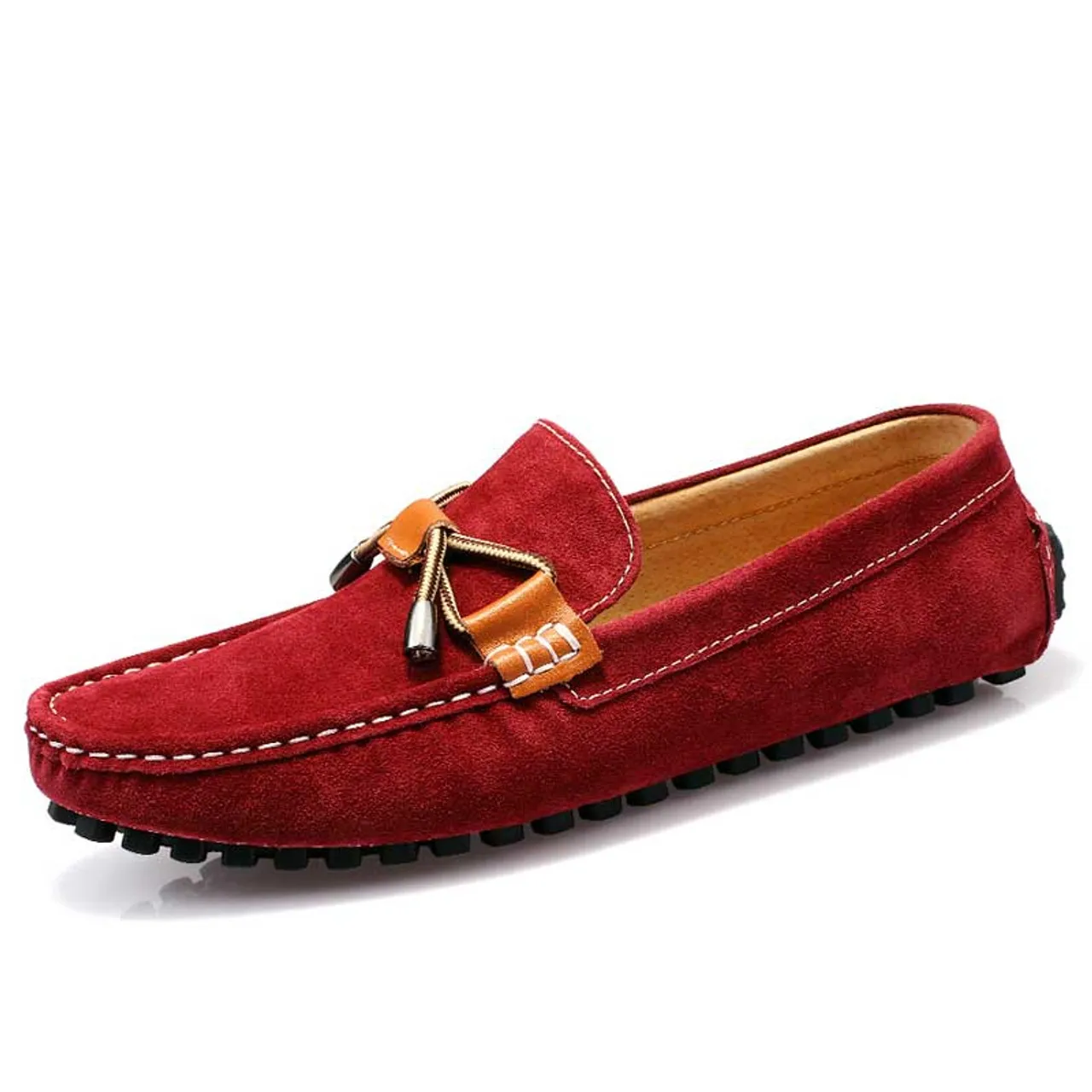 Red suede tie ornament on top slip on shoe loafer