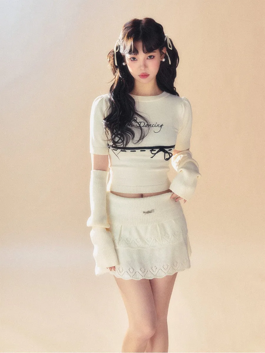 Set-Up Knit Arm-Cover Ribbon Chic Girly Cute Tops＆Mini-Skirt