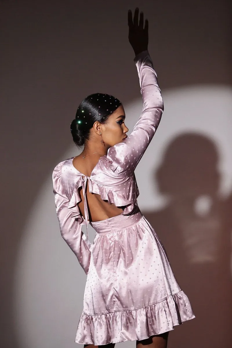 Viclans Satin Mini Pink Dress with Ruffle Back