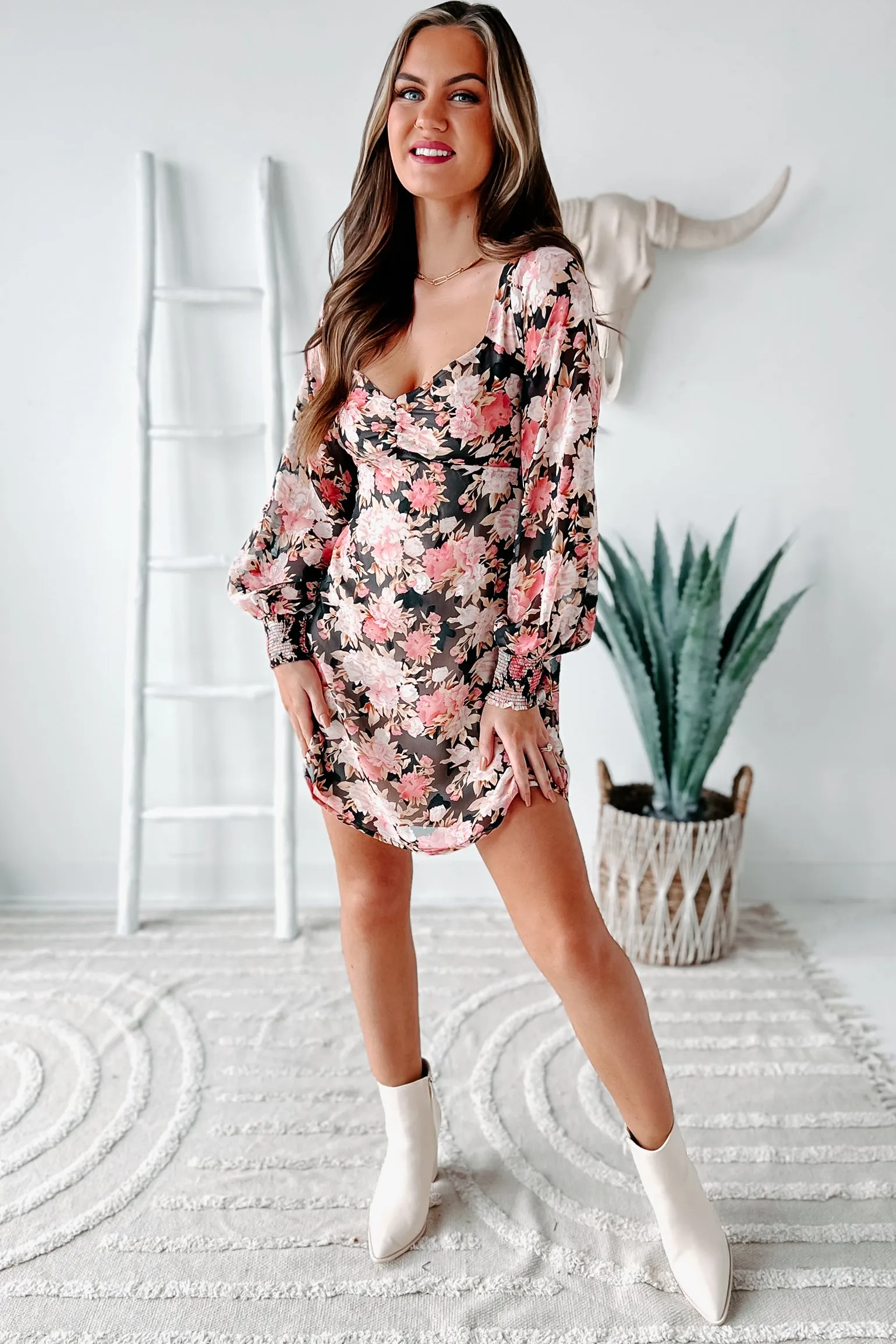 You're Forever Floral Tie-Back Mini Dress (Black)